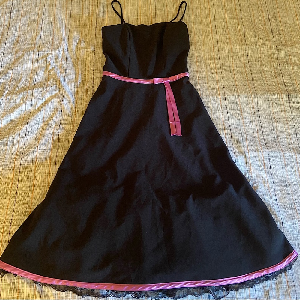 Vintage black and pink pin up style midi flare dress